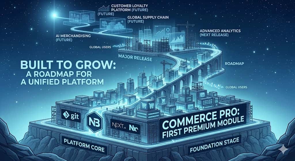 Commerce roadmap board outlining premium module goals and future storefront capabilities for NextBlock™