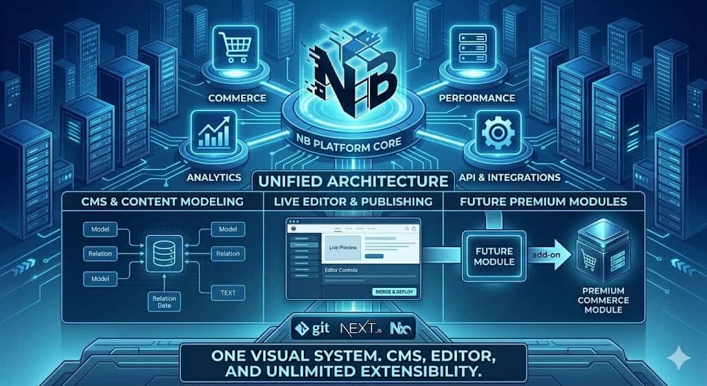 NextBlock™ extensibility artwork showing the CMS connected to reusable modules and integrations