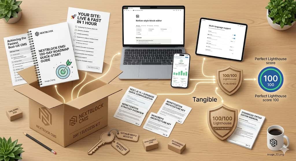 NextBlock™ platform artwork showing the CMS, blocks, and integrations that ship together